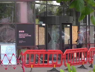 Vandals with hammers smash windows at BBC headquarters in Newcastle and daub ‘Free Gaza’ graffiti Image