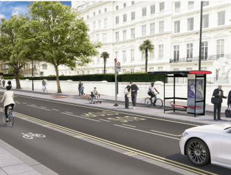 Row breaks out over protected cycle lanes beside Hyde Park that include four floating bus stops Image